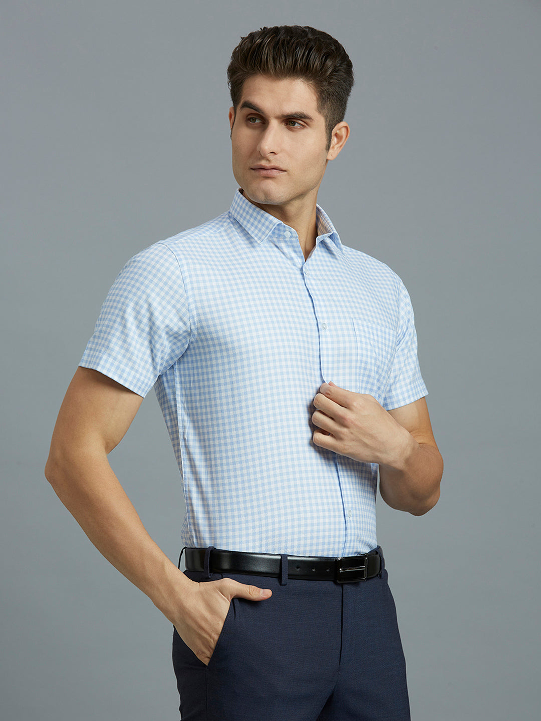 White & Blue Checks 100% Cotton Regular Fit Formal Half Sleeve Shirt