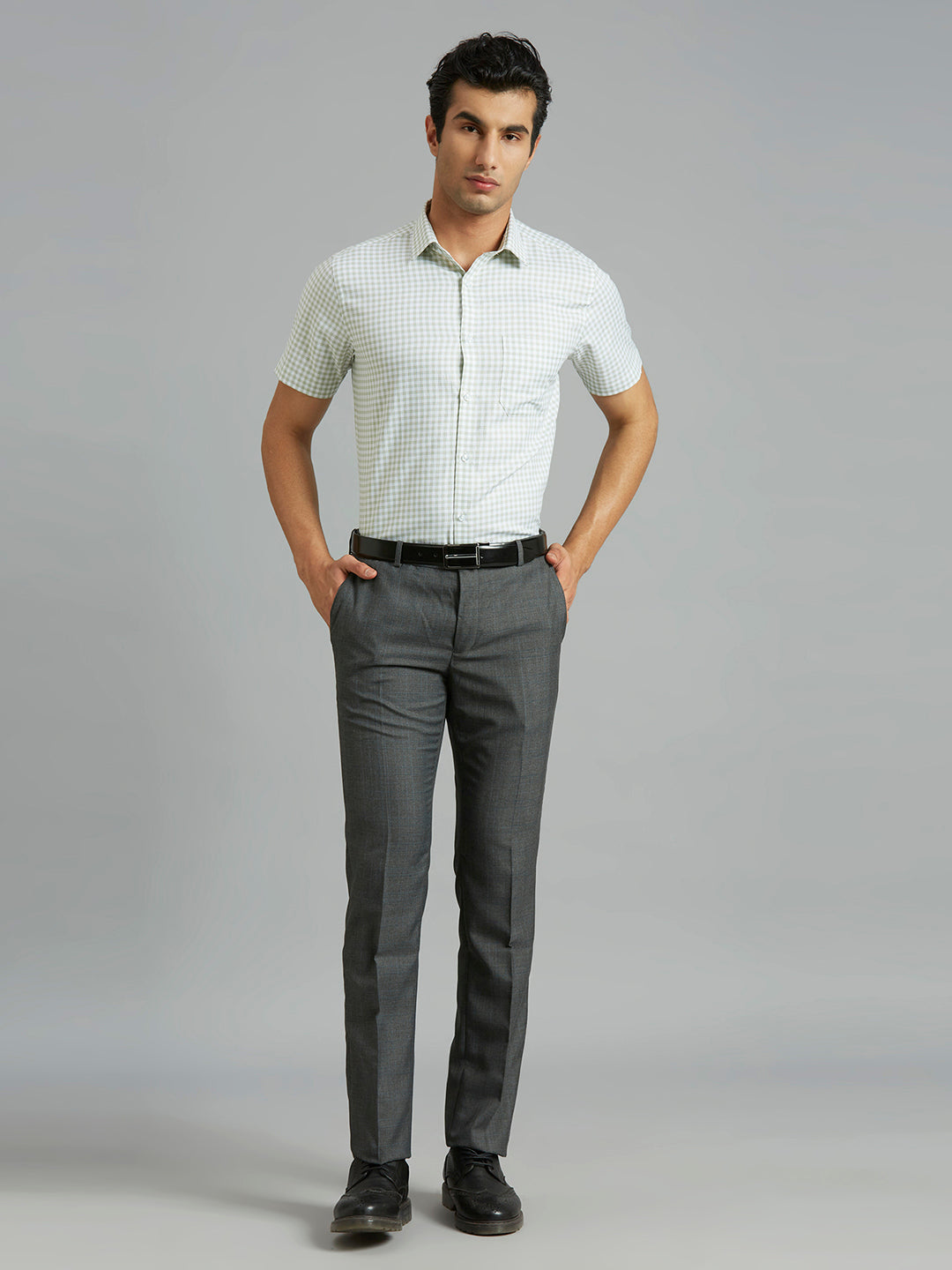 White & Green Checks 100% Cotton Regular Fit Formal Half Sleeve Shirt