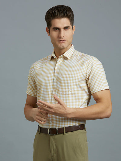 Men's Pure Cotton Checks Regular Fit Half Sleeve Formal Shirt - White & Brown