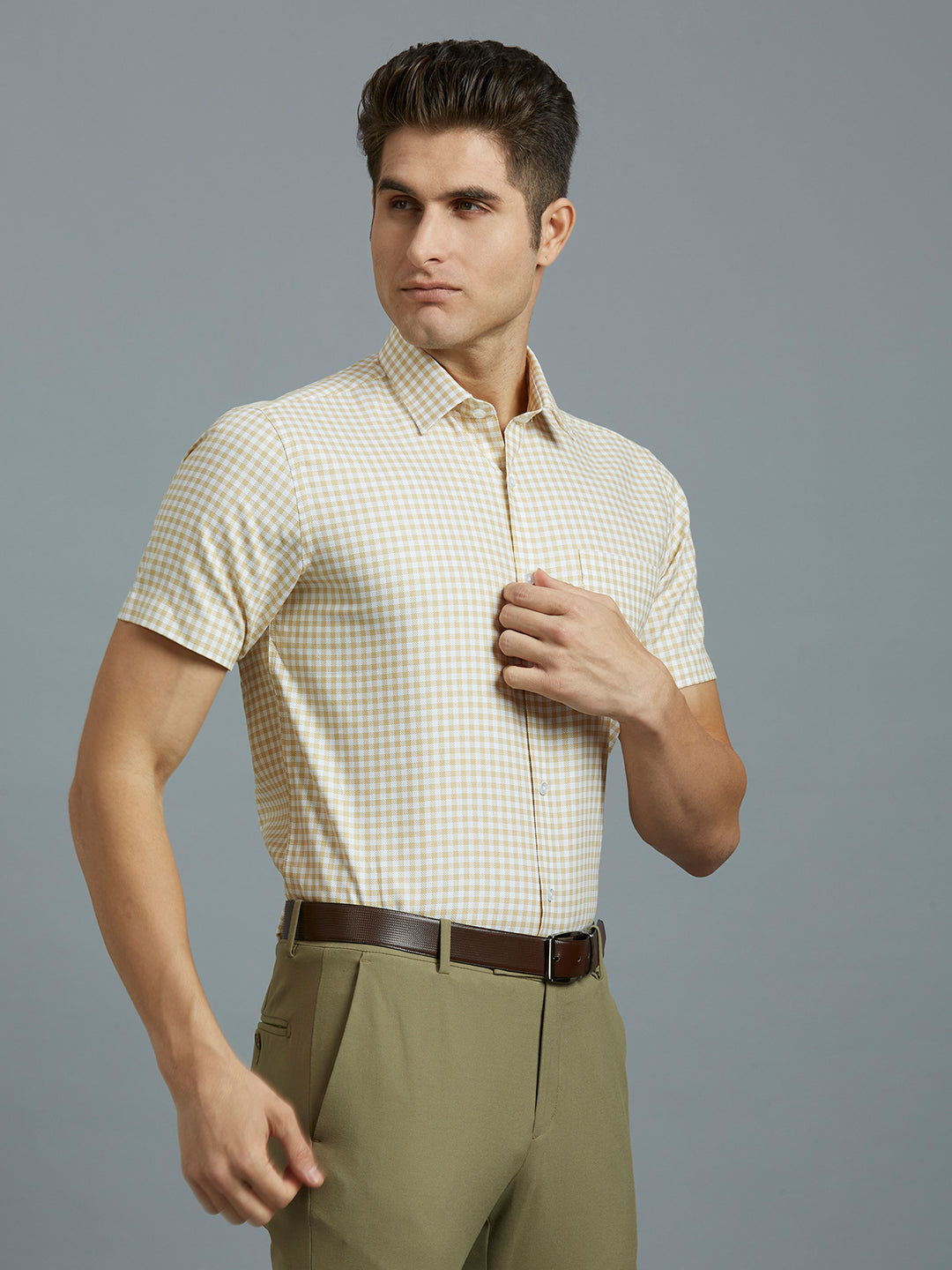 White & Khakhi Checks 100% Cotton Regular Fit Formal Half Sleeve Shirt