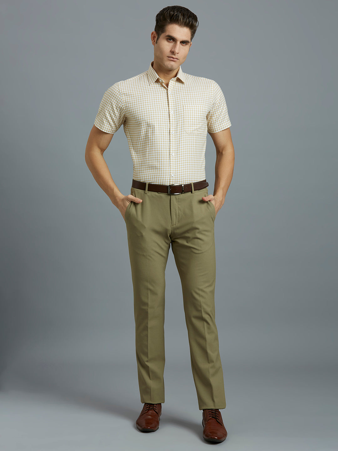 White & Khakhi Checks 100% Cotton Regular Fit Formal Half Sleeve Shirt