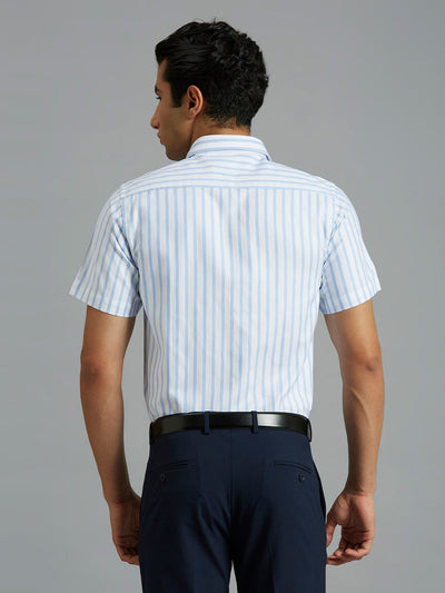 Men's Pure Cotton Stripe Slim Fit Half Sleeve Formal Shirt - White & Blue