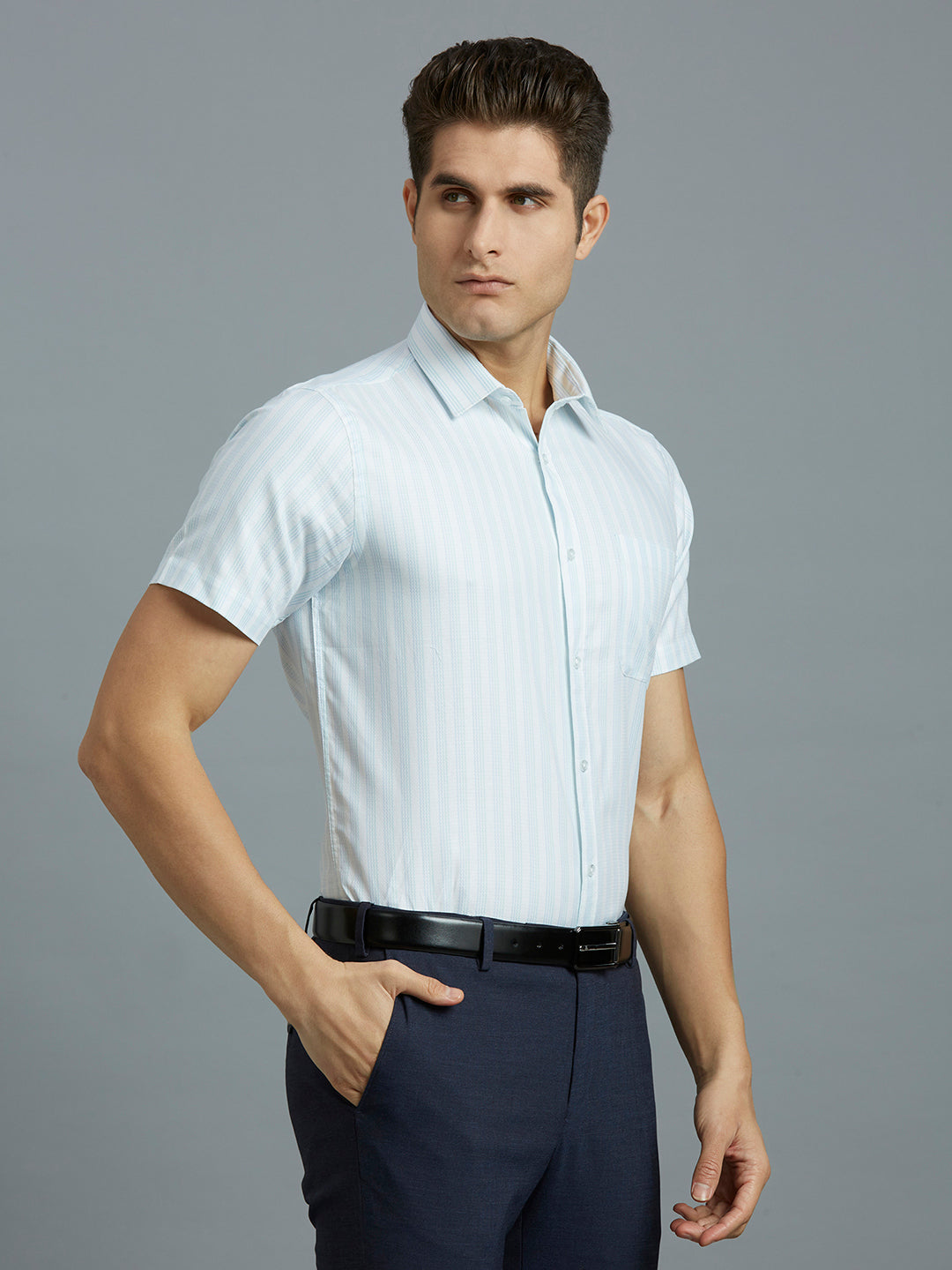 White & Sky Stripe 100% Cotton Regular Fit Formal Half Sleeve Shirt