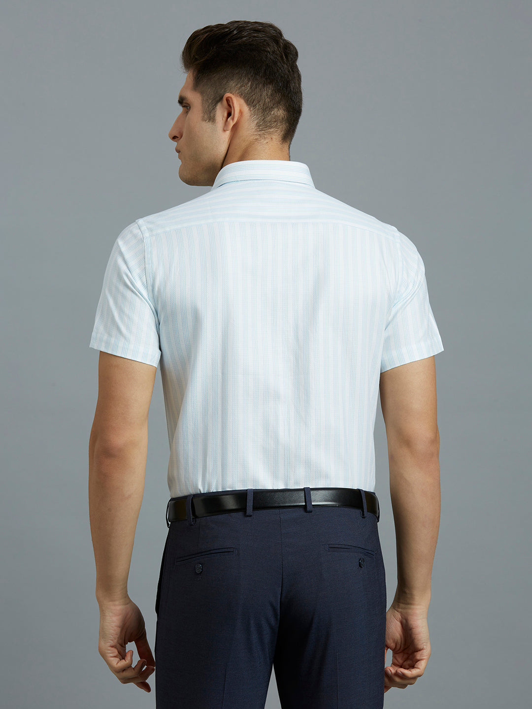 White & Sky Stripe 100% Cotton Regular Fit Formal Half Sleeve Shirt