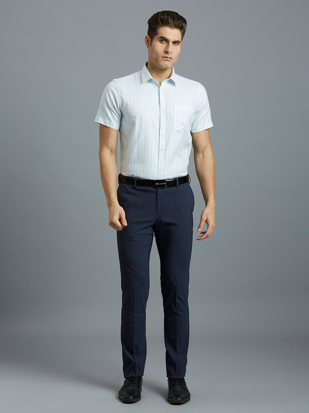 White & Sky Stripe 100% Cotton Regular Fit Formal Half Sleeve Shirt