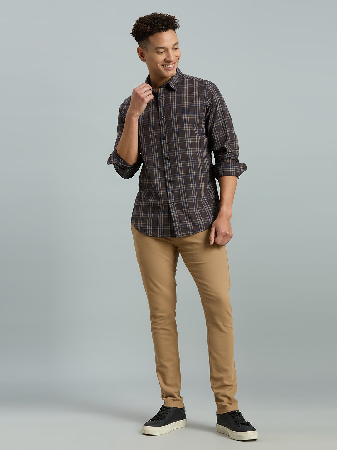 Brown & Beige Checks 100% Cotton Slim Fit Casual Full Sleeve Shirt