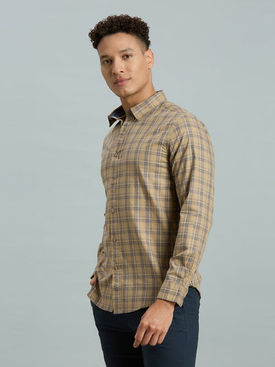 Men's Pure Cotton Checks Slim Fit Full Sleeve Casual Shirt - Brown & Blue