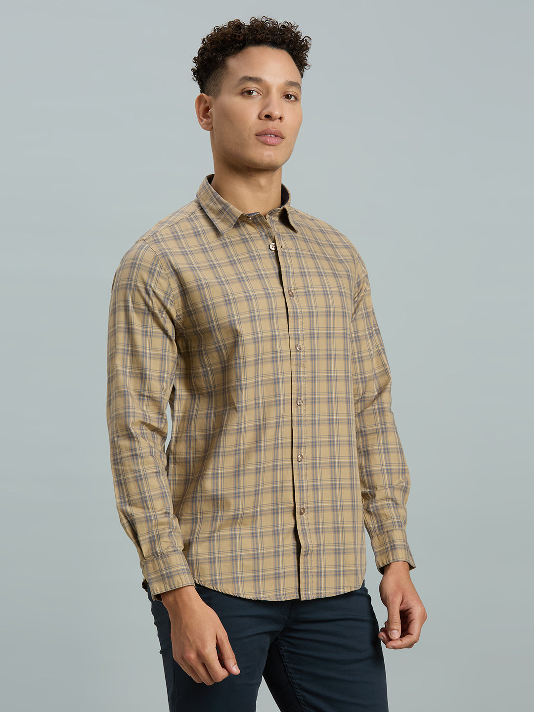 Khakhi & Navy Checks 100% Cotton Slim Fit Casual Full Sleeve Shirt