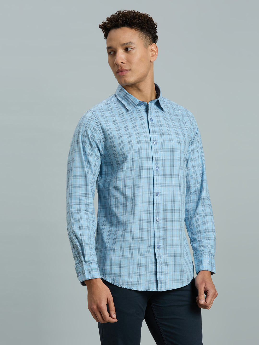Light Blue & Black Checks 100% Cotton Slim Fit Casual Full Sleeve Shirt