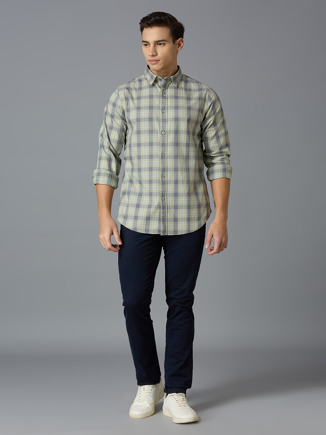 Sea Grass & Blue Checks 100% Cotton Slim Fit Casual Full Sleeve Shirts