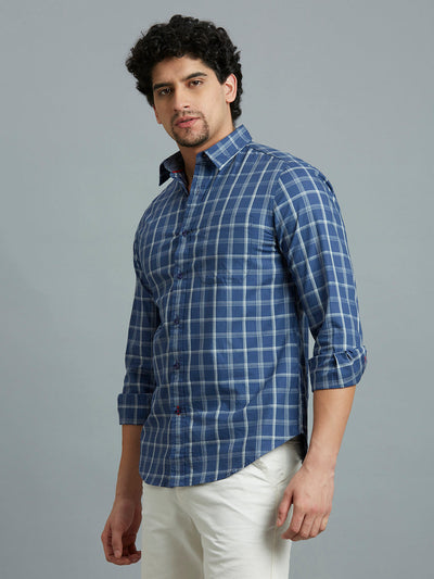 Men's Pure Cotton Checks Slim Fit Full Sleeve Casual Shirt - White & Blue