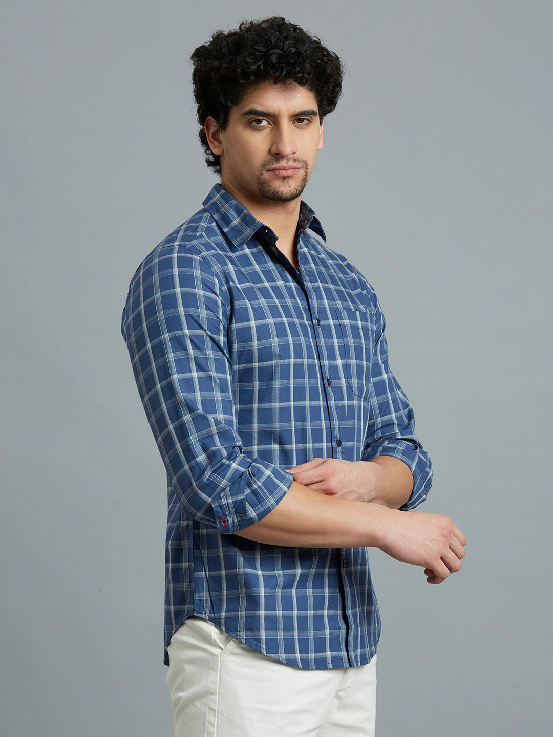 Dusty Blue & White Checks 100% Cotton Slim Fit Casual Full Sleeve Shirt
