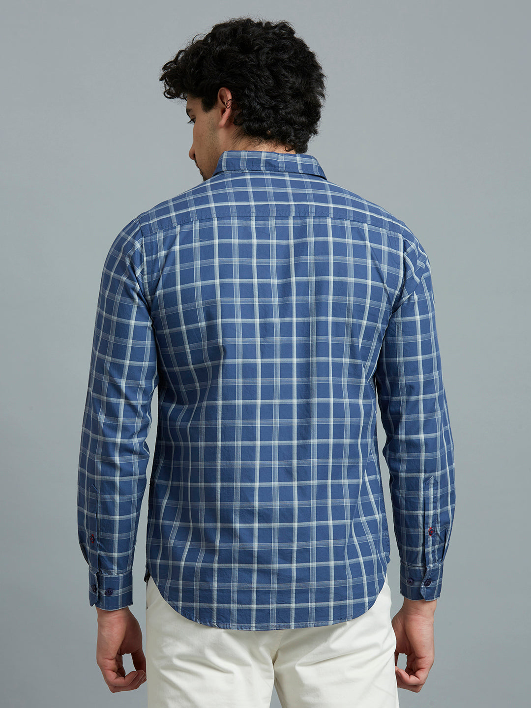 Dusty Blue & White Checks 100% Cotton Slim Fit Casual Full Sleeve Shirt