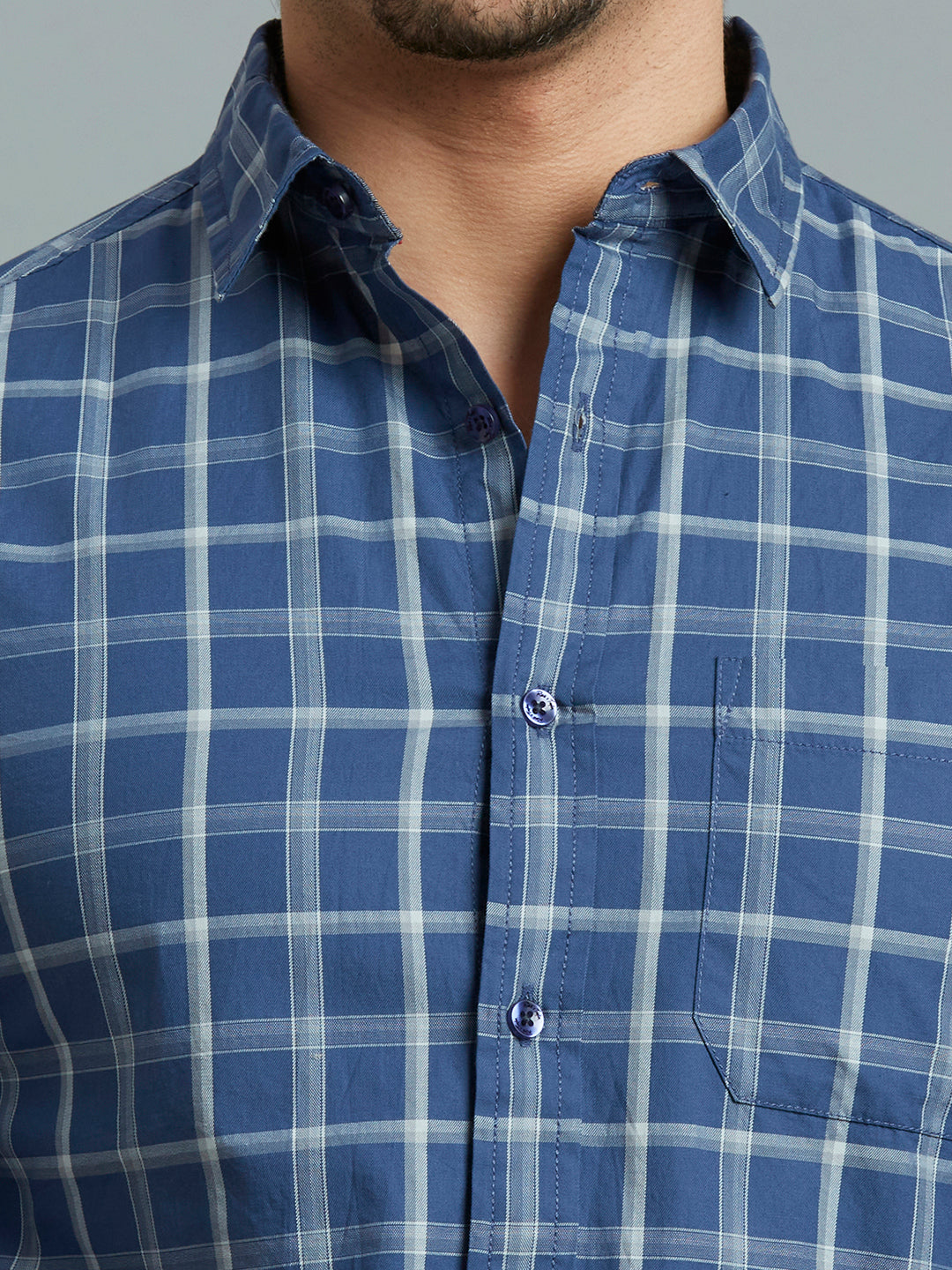 Dusty Blue & White Checks 100% Cotton Slim Fit Casual Full Sleeve Shirt