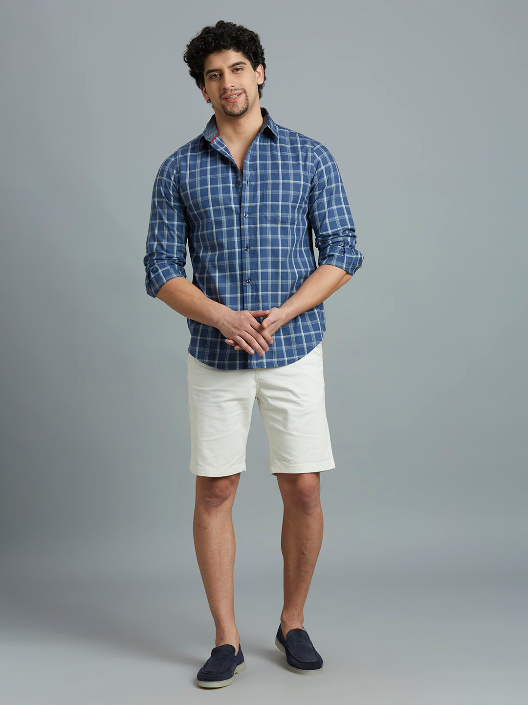 Dusty Blue & White Checks 100% Cotton Slim Fit Casual Full Sleeve Shirt