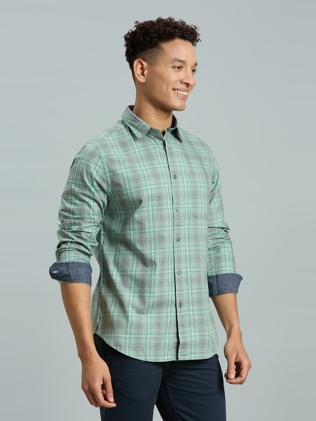 Grey & Sage Green Checks 100% Cotton Slim Fit Casual Full Sleeve Shirts