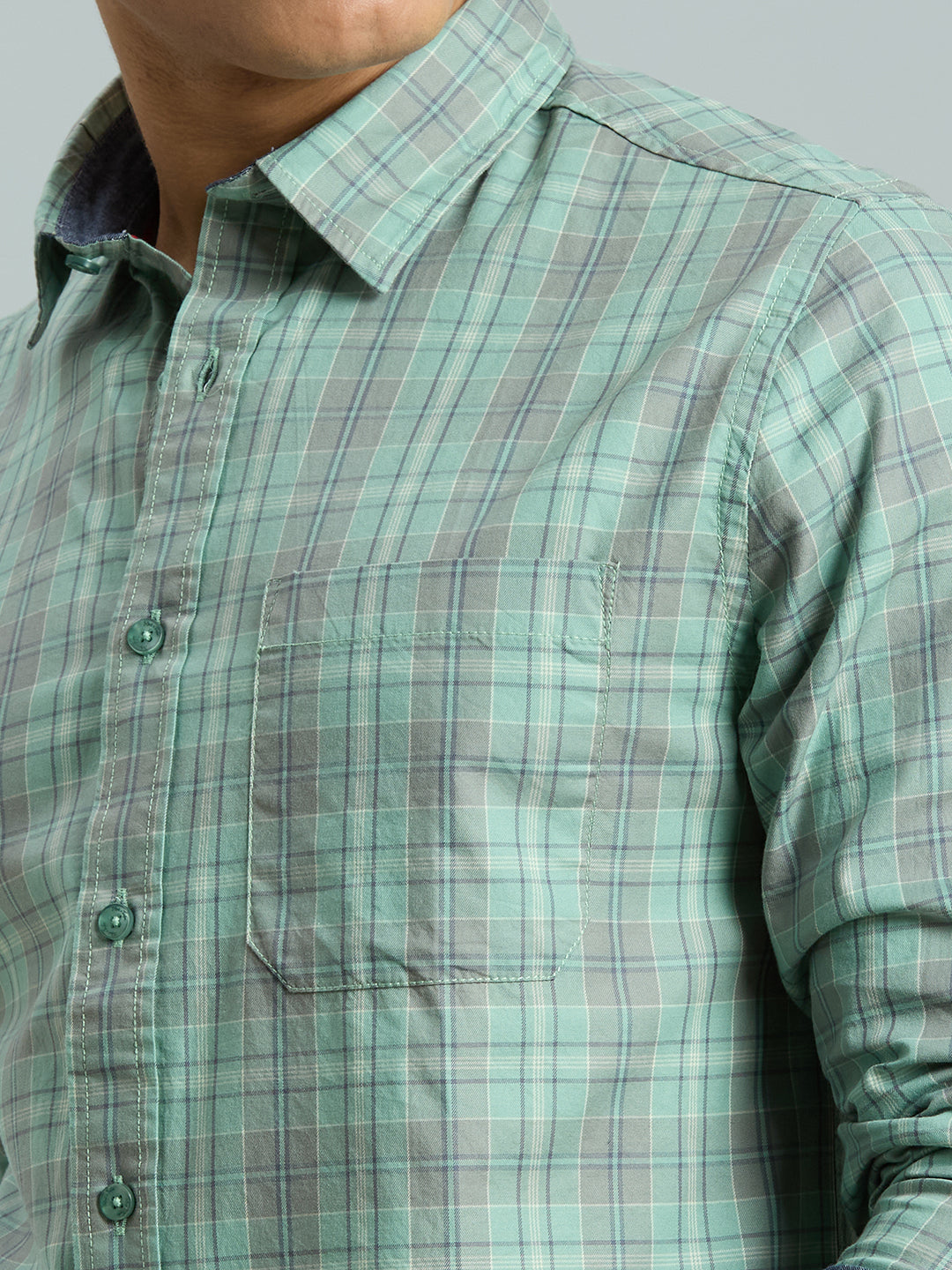Grey & Sage Green Checks 100% Cotton Slim Fit Casual Full Sleeve Shirts