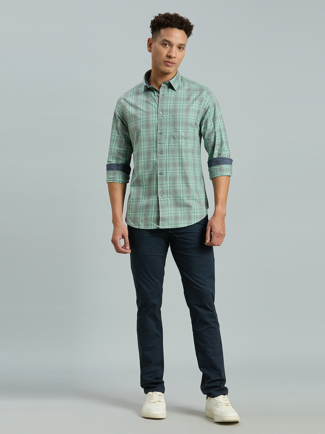 Grey & Sage Green Checks 100% Cotton Slim Fit Casual Full Sleeve Shirts