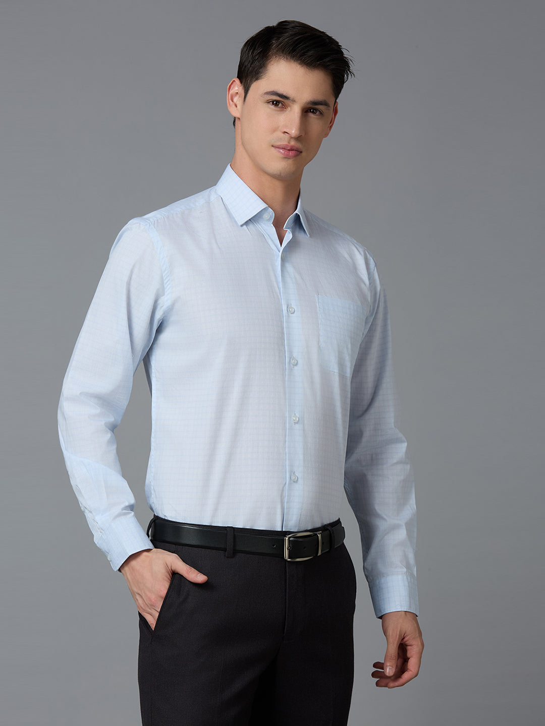 Sky Blue Checks 100% Cotton Regular Fit Formal Essential Full Sleeve Shirt