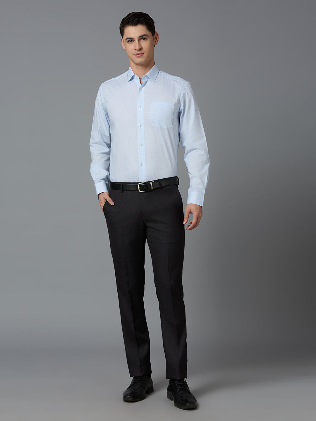 Sky Blue Checks 100% Cotton Regular Fit Formal Essential Full Sleeve Shirt