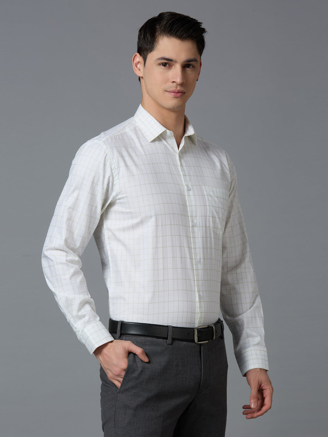 White & Green Checks 100% Cotton Regular Fit Formal Essential Full Sleeve Shirt