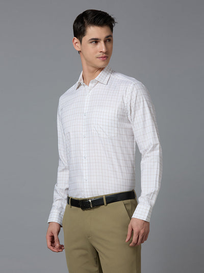 Men's Pure Cotton Checks Regular Fit Full Sleeve Formal Shirt - White & Brown