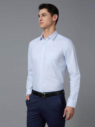 Men's Pure Cotton Stripe Stripe Slim Fit Full Sleeve Formal Shirt - White & Blue