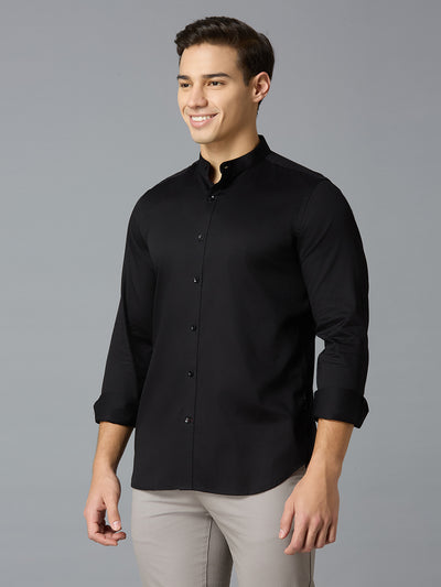 Men's Pure Cotton Plain Slim Fit Full Sleeve Formal Shirt - Black