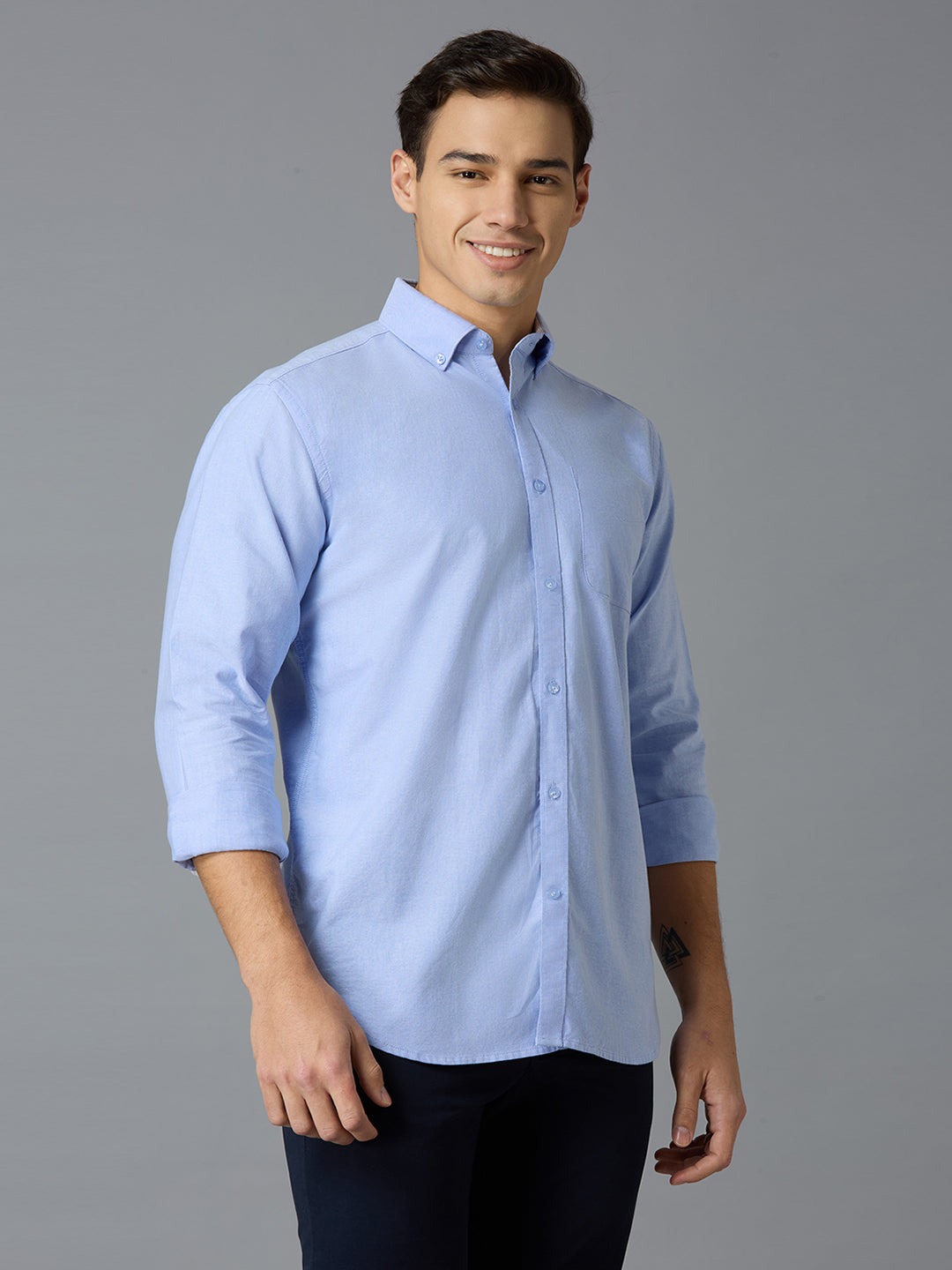 Sky Blue 100% Cotton Self Design Regular Fit Smart Casual Full Sleeve Shirts