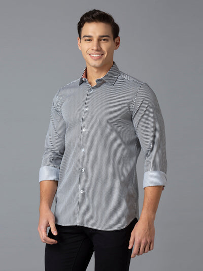 Men's Cotton Stretch Stripe Stripe Slim Fit Full Sleeve Casual Shirt - Black