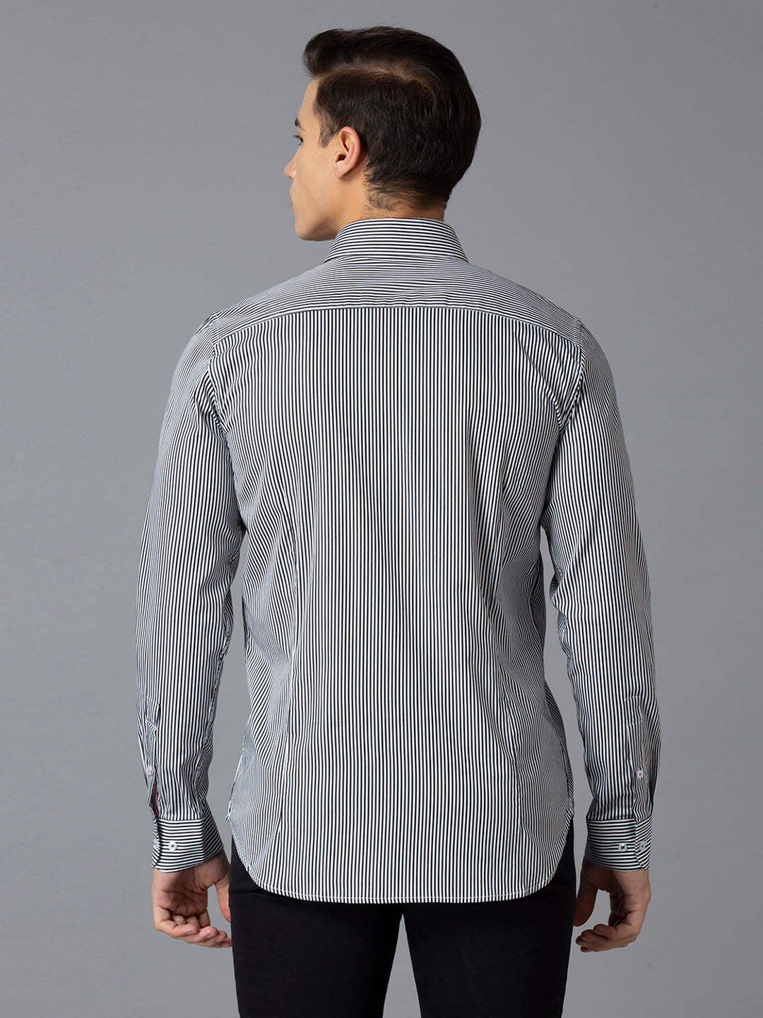 Black 67% Cotton 28% Nylon 5% Spandex Stripes Slim Fit Smart Casual Full Sleeves Shirts