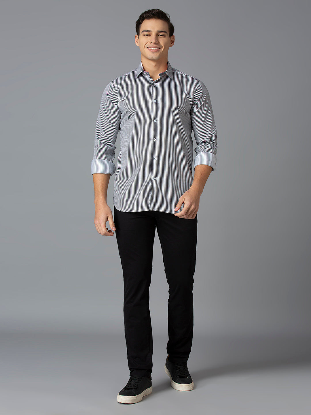 Black 67% Cotton 28% Nylon 5% Spandex Stripes Slim Fit Smart Casual Full Sleeves Shirts