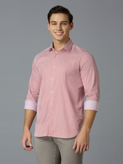 Men's Cotton Stretch Stripe Stripe Slim Fit Full Sleeve Casual Shirt - Red