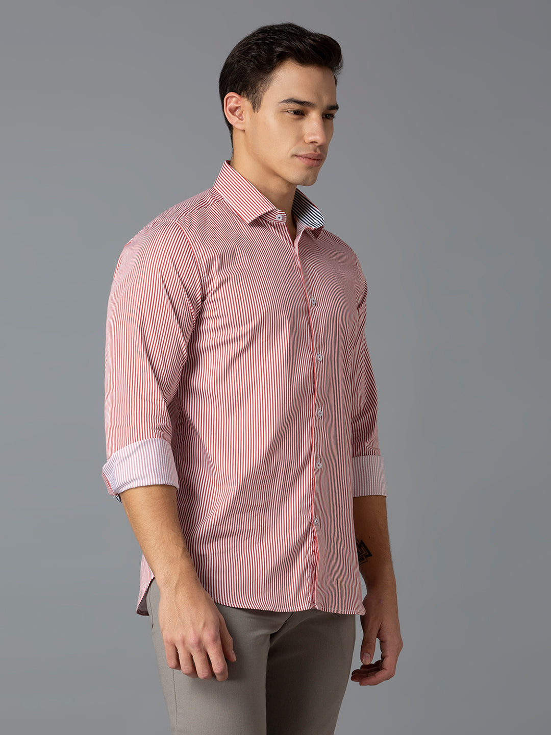 Red 67% Cotton 28% Nylon 5% Spandex Stripes Slim Fit Smart Casual Full Sleeves Shirts