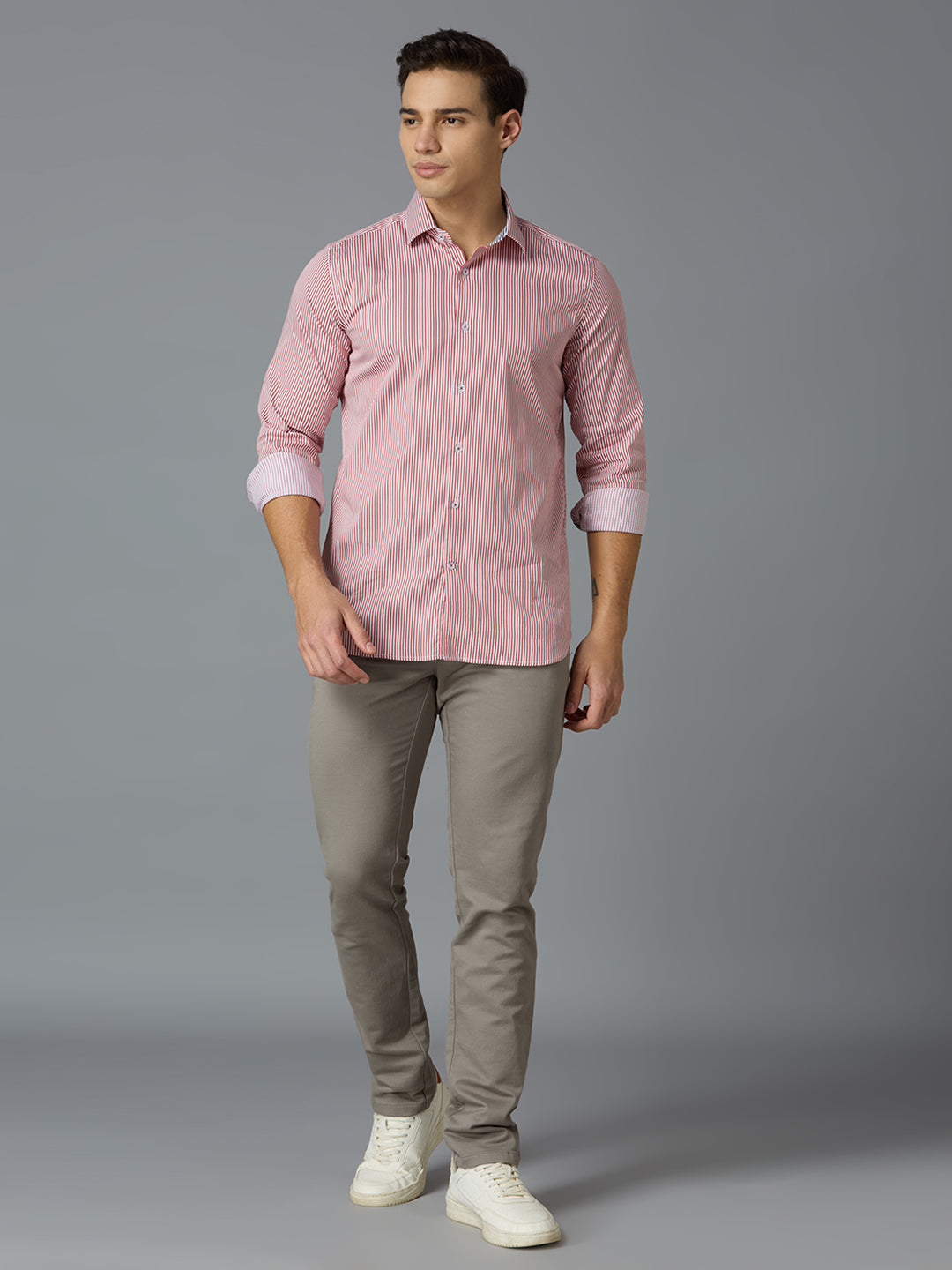 Red 67% Cotton 28% Nylon 5% Spandex Stripes Slim Fit Smart Casual Full Sleeves Shirts