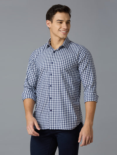 Men's Cotton Stretch Checks Slim Fit Full Sleeve Casual Shirt - Blue