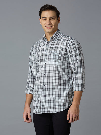 Men's Pure Cotton Checks Regular Fit Full Sleeve Casual Shirt - White & Black