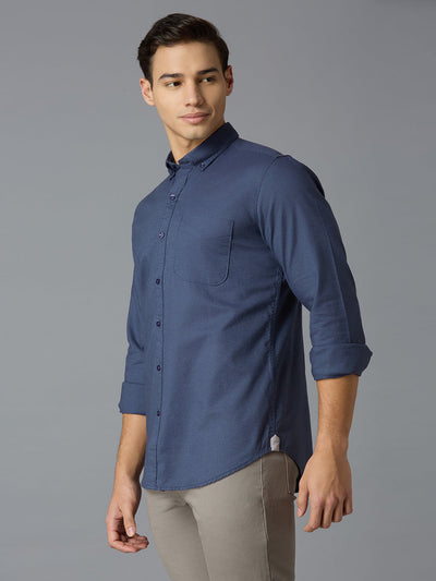 Men's Pure Cotton Plain Slim Fit Full Sleeve Casual Shirt - Blue