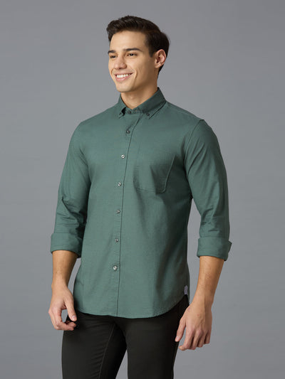 Men's Pure Cotton Plain Slim Fit Full Sleeve Casual Shirt - Green