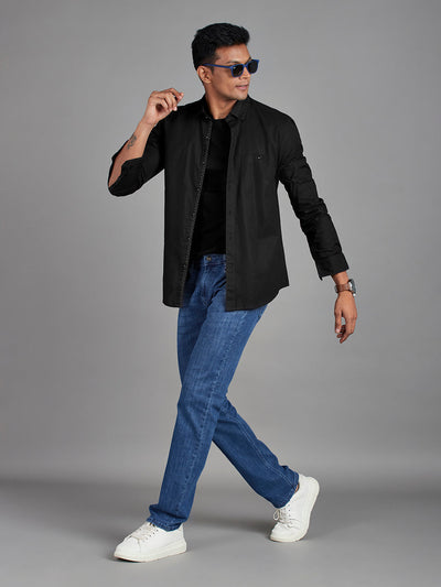Men's Pure Cotton Plain Slim Fit Full Sleeve Casual Shirt - Black