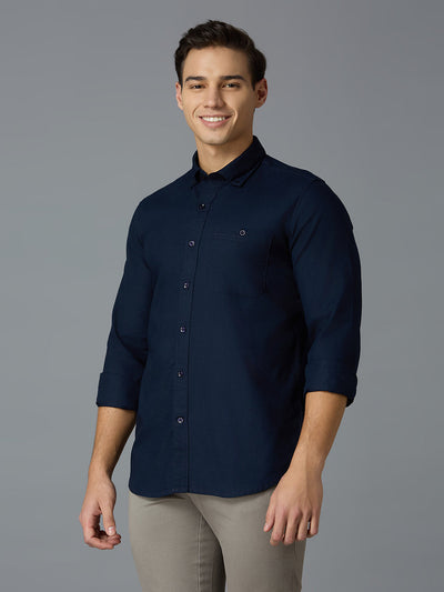 Men's Pure Cotton Plain Slim Fit Full Sleeve Casual Shirt - Blue