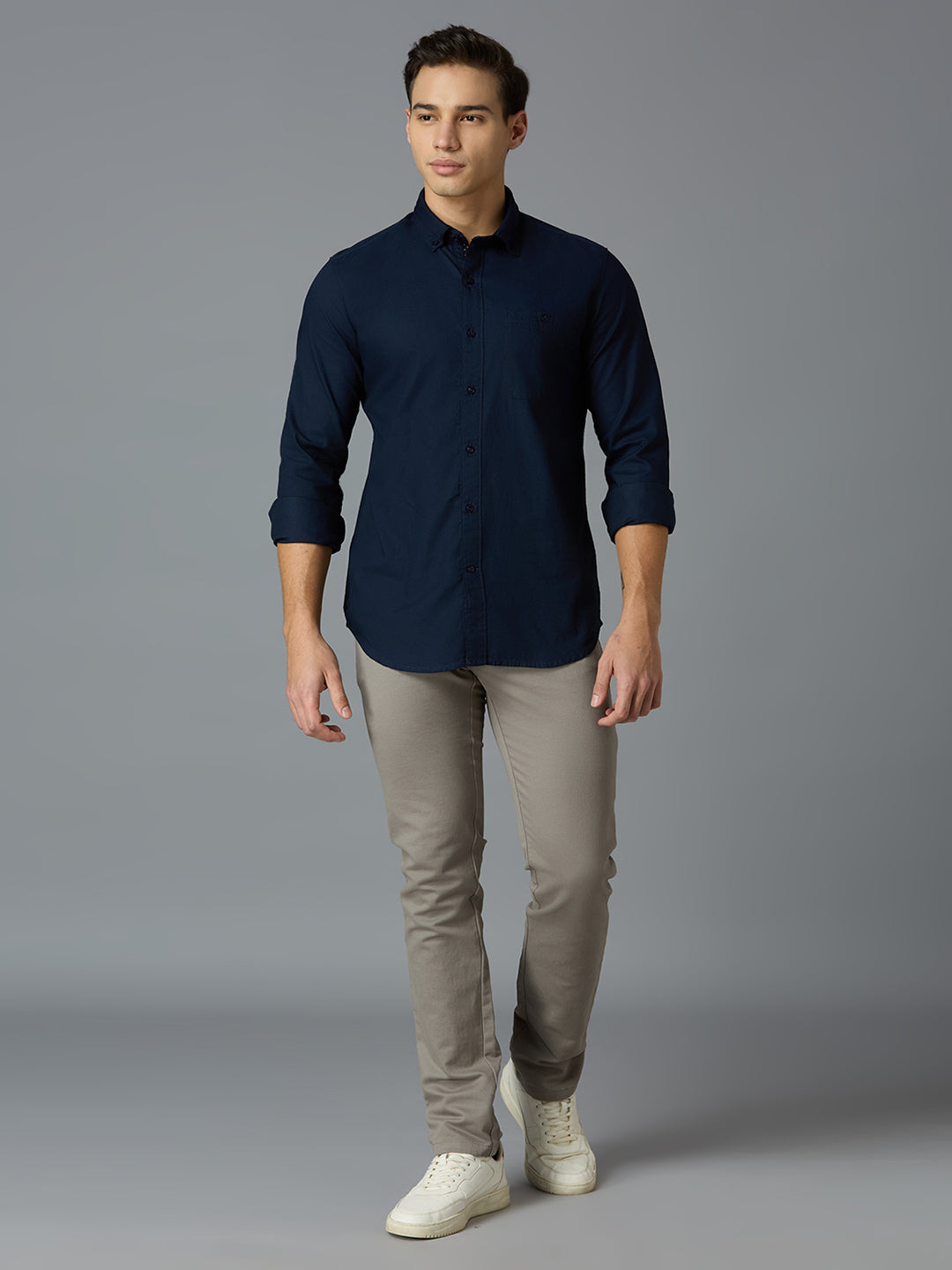 Navy 100% Cotton Solid Slim Fit Smart Casual Full Sleeves Shirts