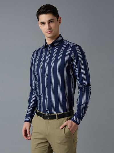 Men's Pure Cotton Stripe Stripe Slim Fit Full Sleeve Formal Shirt - White & Blue