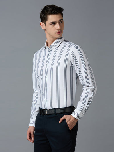 Men's Pure Cotton Stripe Stripe Slim Fit Full Sleeve Formal Shirt - White & Black