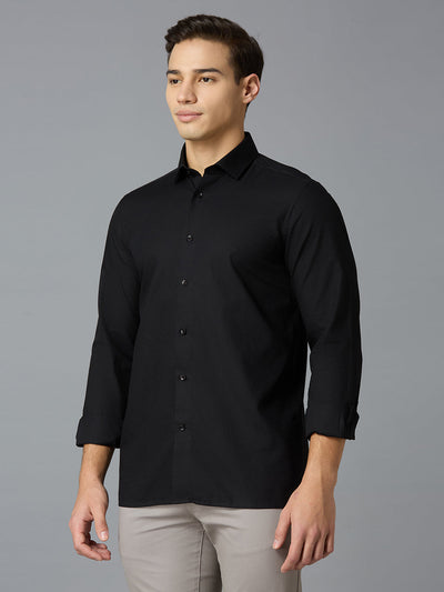 Men's Pure Cotton Dobby Y/D Dobby Y/D Slim Fit Full Sleeve Formal Shirt - Black