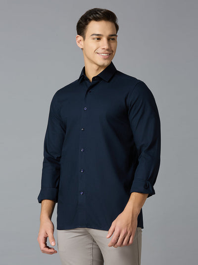 Men's Pure Cotton Dobby Y/D Dobby Y/D Slim Fit Full Sleeve Formal Shirt - Blue