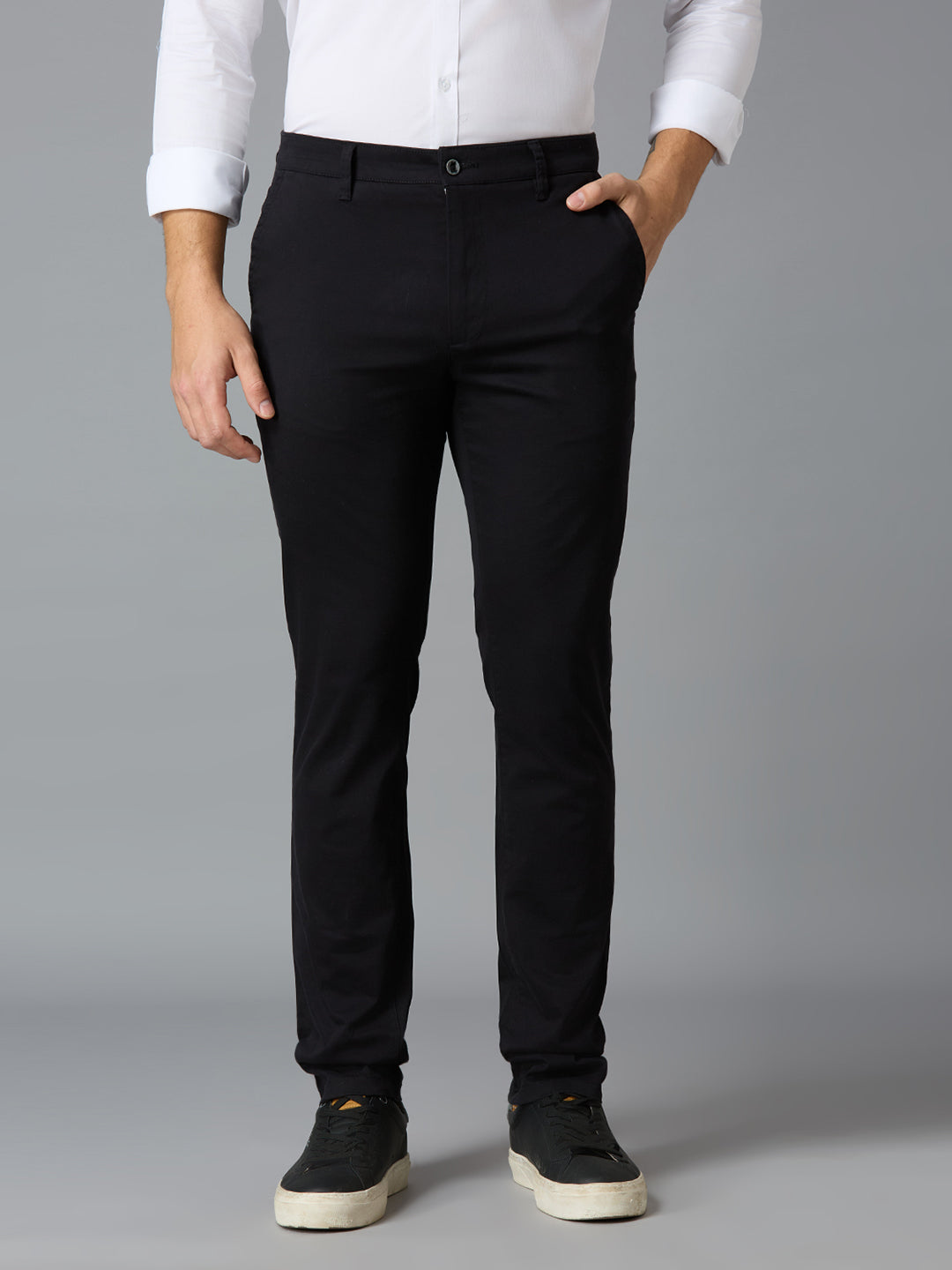 Black 97% Cotton 3% Spandex Dobby Tailor Fit Smart Casual Cross Pocket Trousers