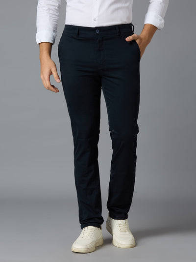 Navy 97% Cotton 3% Spandex Dobby Tailor Fit Smart Casual Cross Pocket Trousers