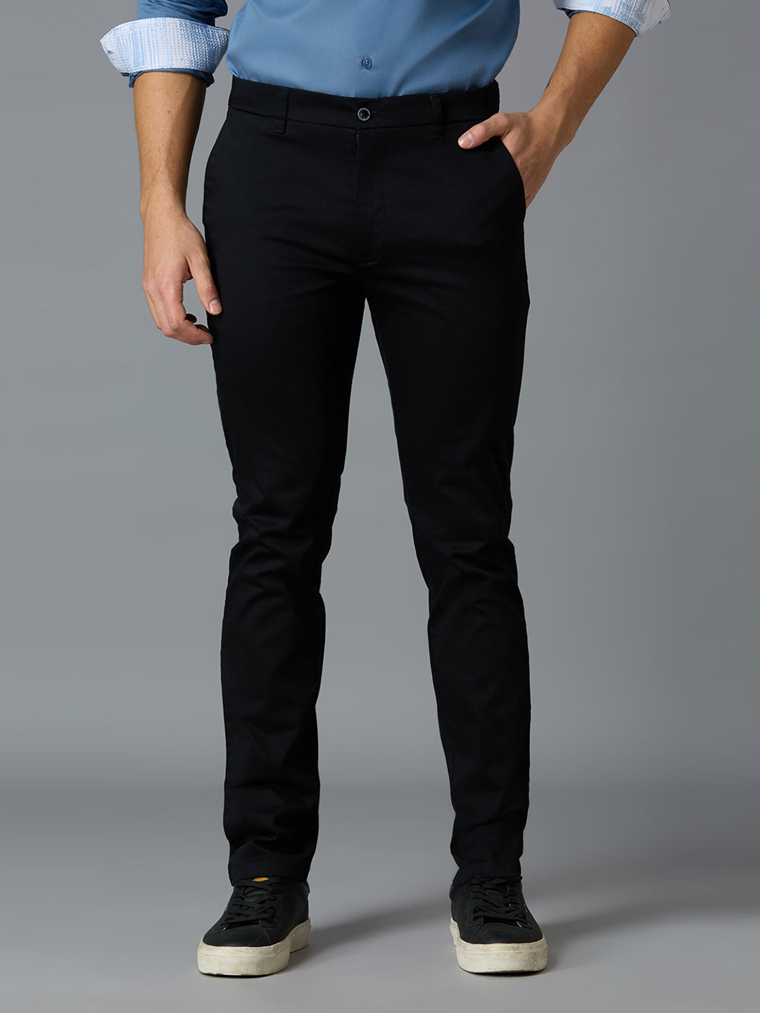 Stylish Black 97% Cotton 3% Spandex Plain Tailor Fit Smart Casual Cross Pocket Trousers