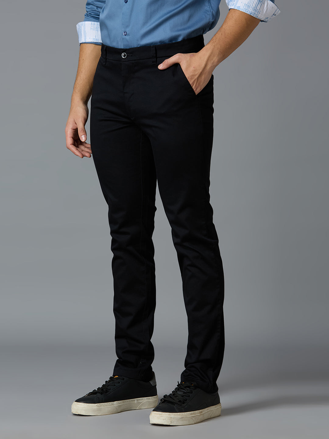 Stylish Black 97% Cotton 3% Spandex Plain Tailor Fit Smart Casual Cross Pocket Trousers